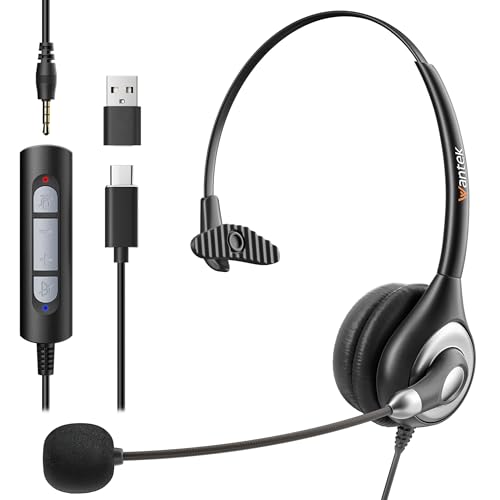 Wantek 601N Headset Typ-C Mono mit Mikrofon Noise Cancelling und 3,5mm Stecker USB C auf A Adapter für Call Center Teams Meetings Computer Laptops Tablets Telefone Xbox von Wantek