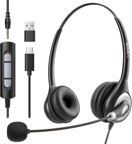 Wantek 602N Headsets Typ-C mit Mikrofon Noise Cancelling und 3,5mm Stecker USB C auf A Adapter für Call Center Teams Meetings Computer Laptops Tablets Telefone Xbox von Wantek