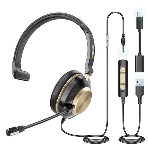 Wantek 881F Headset Mono mit Mikrofon Noise Cancelling und USB A 3,5mm Stecker Typ C auf A Adapter für Call Center Online Konferenz Computer Laptops Tablets Telefone Xbox von Wantek