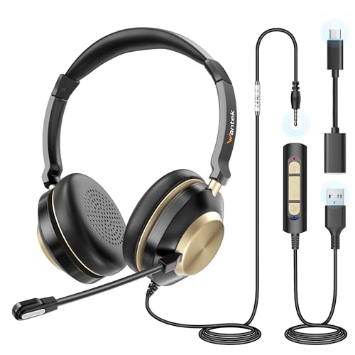 Wantek 882F Headsets mit Mikrofon Noise Cancelling und USB A 3,5mm Stecker Typ C Adapter für Call Center Online Konferenz Computer Laptops Tablets Telefone Xbox von Wantek