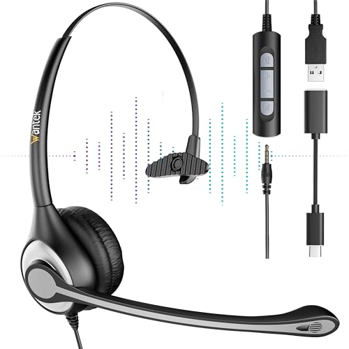 Wantek Headset mit Mikrofon 601F Single Ear Kopfhörer mit Noise Cancelling Mic und 3,5mm/USB/Type-C Stecker für Computer Laptops Smartphones Online Konferenzen von Wantek
