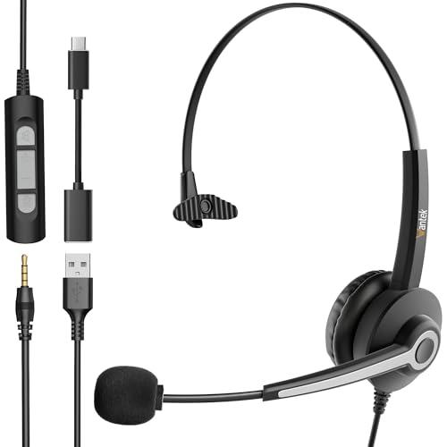 Wantek Headsets Mono mit Noise Cancelling Mikrofon,USB/Type-c/3.5mm Jack 3-in-1 USB Headset,EIN-Ohr Headset Lautstärkeregelung für Call Center,Skype,Zoom,Home Office,Online-Kurse von Wantek