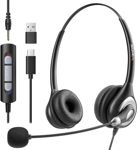 Wantek USB Headset mit Mikrofon für PC Kabelgebundene Kopfhörer mit USB C 3.5mm Headsets mit Noise Cancelling Mikrofon für Laptop mit Typ C Computer Kopfhörer mit Inline Lautstärkeregelung von Wantek