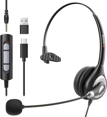 Wantek USB Headset mit Mikrofon für PC Kabelgebundene Kopfhörer mit USB C 3.5mm Headsets mit Noise Cancelling Mikrofon für Laptop mit Typ C Computer Kopfhörer mit Inline Lautstärkeregelung von Wantek