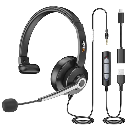 Wantek USB-Headset mit Mikrofon für PC und Laptop – Computer-Headsets mit Mikrofon-Geräuschunterdrückung – Business-Headsets für Büroarbeit mit integrierter Lautstärkeregelung und Stummschaltung von Wantek
