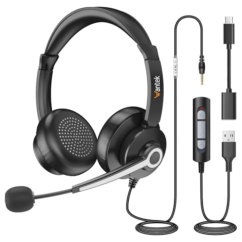 Wantek USB-Headset mit Mikrofon für PC und Laptop – Computer-Headsets mit Mikrofon-Geräuschunterdrückung – Business-Headsets für Büroarbeit mit integrierter Lautstärkeregelung und Stummschaltung von Wantek