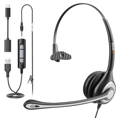 Wantek PC-Headset mit Mikrofon,USB/3,5-mm/Type-c-Anschluss 3 In-1 USB Headset, Kabelgebundene & Rauschunterdrückung und Lautstärkeregelung für Call Center/Skype/Zoom/Home Office/Online-Kurse,Single von Wantek