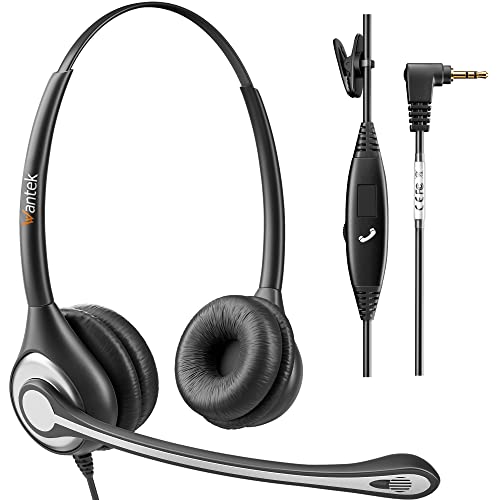 Wantek Telefon Headset Binaural mit Noise Cancelling Mikrofon, Call Center Kopfhörer für Gigaset Panasonic Cisco Linksys SPA Zultys Office IP und Schnurlos Dect Telefone mit 2,5mm Klinke von Wantek