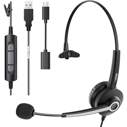 Wantek USB Headset, Laptop Kopfhörer mit Mikrofon, PC Telefon Kopfhörer, Headset Klinkenstecker für HD Anrufe und Geräuschunterdrückung, Headset für Callcenter mit Lautstärkeregler (NUSB681) von Wantek