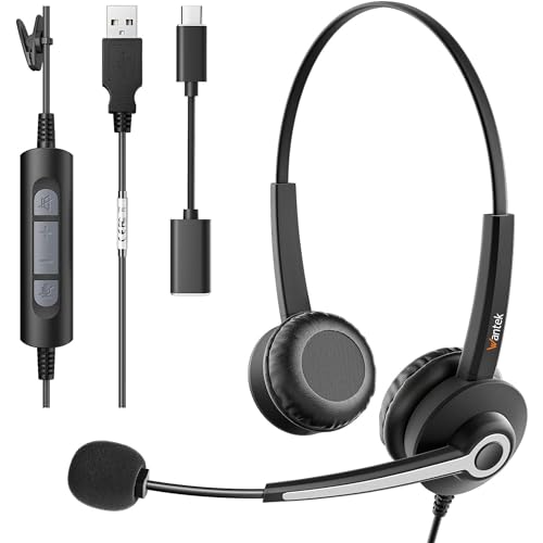 Wantek USB Headset, Laptop Kopfhörer mit Mikrofon, PC Telefon Kopfhörer, Headset Klinkenstecker für HD Anrufe und Geräuschunterdrückung, Headset für Callcenter mit Lautstärkeregler (NUSB682) von Wantek