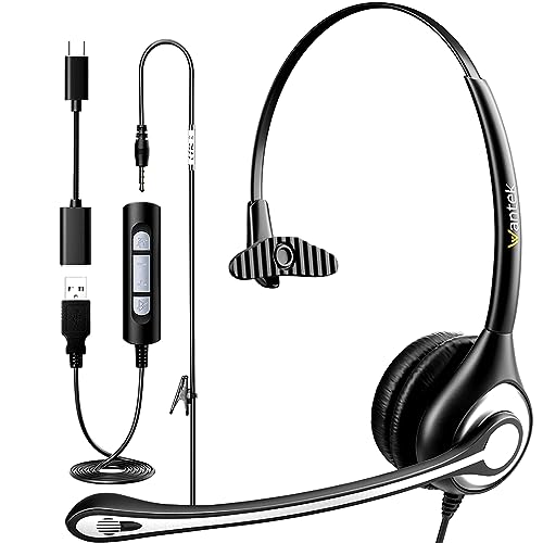 Wantek USB Headset mit mikrofon, USB/3,5-mm PC Kopfhörer mit Lautstärkeregler, Stummschalttaste, Computer On-Ear-Headset mit Mikrofon, Kopfhörer mit langem Mikrofonkabel für Laptop, PC von Wantek