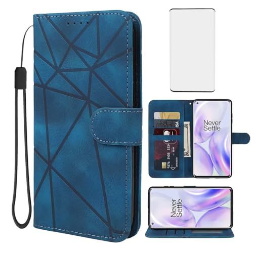 Wanyuexes Hülle für OnePlus 8 Pro Case IN2023 IN2020 Schutzhülle mit Schutzfolie, PU Leder Wallet Flip Folio 3 Karten Halter Standfunktion Handyhülle für OnePlus 8 Pro Blau von Wanyuexes