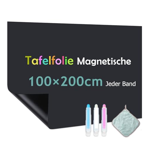 Warasee Tafelfolie Magnetisch Selbstklebend, 100 * 200cm Magnetfolie Selbstklebend Schwarz, Abwischbar Kreidefolie, Magnettafel für glatten Oberflächen in Schule Büro Haus, mit Kreidemarkern & Tuche von Warasee