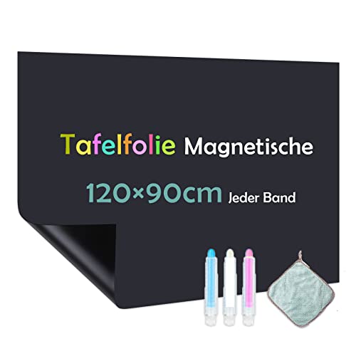 Warasee Tafelfolie Magnetisch Selbstklebend, 90 * 120cm Magnetfolie Selbstklebend Schwarz, Abwischbar Kreidefolie, Magnettafel für glatten Oberflächen in Schule Büro Haus, mit Kreidemarkern & Tuche von Warasee