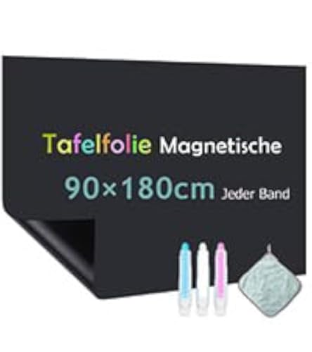 Warasee Tafelfolie Magnetisch Selbstklebend, 90 * 180cm Magnetfolie Selbstklebend Schwarz, Abwischbar Kreidefolie, Magnettafel für glatten Oberflächen in Schule Büro Haus, mit Kreidemarkern & Tuche von Warasee