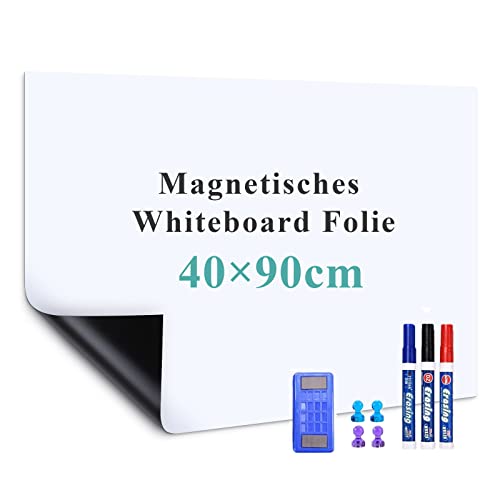 Warasee Whiteboard Magnetisch Folie, 40 * 90cm Magnettafel Selbstklebend, Magnetfolie Weiß Abwischbare, a3/a4 Leicht Zugeschnitten, für Startseite Schule, mit Markers & Whiteboard Schwamm & Magnetes von Warasee