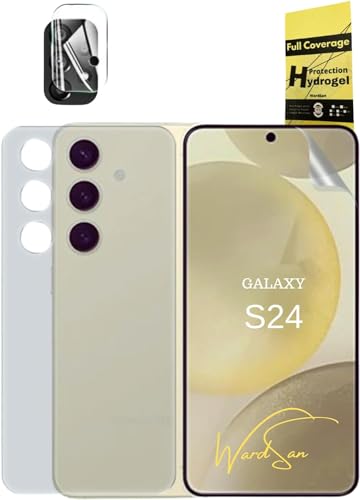 WardSan [6 Stück für Samsung Galaxy Serie – 4 Hydrogel-Displayschutzfolien, 2 vorne und 2 hinten, 3D + 2 Kameraschutz aus gehärtetem Glas | Weiche Folie | Besser als gehärtetes Glas (Galaxy S24) von WardSan
