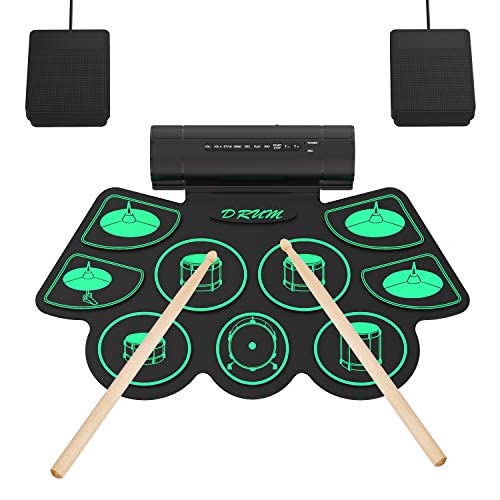 Elektronisches Schlagzeug Set 9 Pads elektrischer Akku mit Kopfhöreranschluss, Lautsprecher und integriertem Akku, Holzstäbe und Pedale von Warmfunn