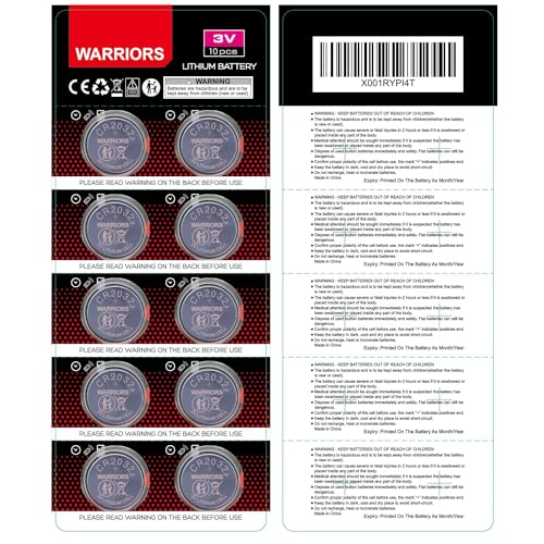 Warriors 10X 2032 Batterie Knopfzellen CR2032 Batterien 3V, kindersichere Verpackung, für den Einsatz in Schlüsselanhängern, Waagen, medizinischen Geräten von Warriors
