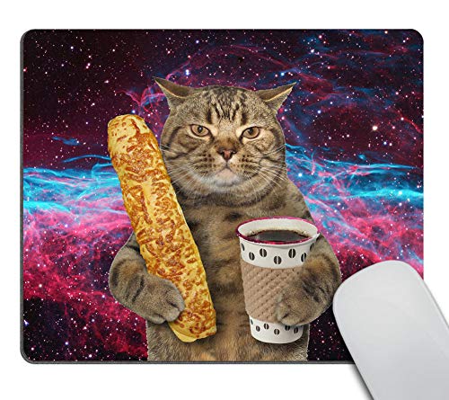 Wasach Lustiges Katzen-Mauspad, Motiv: Die Katze hält eine Tasse schwarzen Kaffee und ein Baguette, mit Galaxie-Design, personalisierbar, rechteckig, rutschfest, Gummi von Wasach