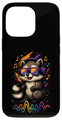 Waschbär Musik Kopfhörer Bunt Kunst Tiermotiven Hülle für iPhone 13 Pro von Waschbären