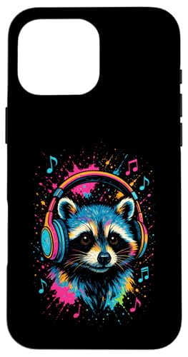 Waschbär Musik Kopfhörer Bunt Kunst Tiermotiven Hülle für iPhone 16 Pro Max von Waschbären