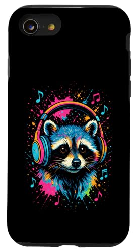 Waschbär Musik Kopfhörer Bunt Kunst Tiermotiven Hülle für iPhone SE (2020) / 7 / 8 von Waschbären