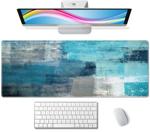Erweitertes Gaming-Mauspad (80 x 30 x 0,3 cm) mit genähten Kanten, großes Mauspad, lange XL-Tastatur und Mauspad, Schreibtischunterlage für Gaming, Büro und Zuhause, abstrakte Kunstmalerei, Türkis und von Wasica