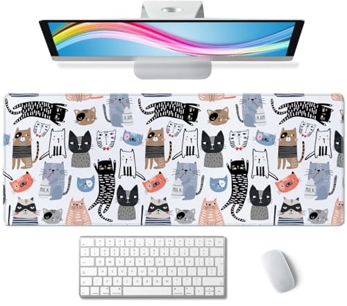 Großes Mauspad mit lustigen Katzen und Milchflasche, XL-Schreibtischunterlage, Tastaturmatte, niedliches Bürodekor, Schreibtischzubehör für Damen und Herren, komplettes Schreibtisch-Mauspad, von Wasica