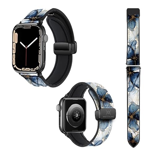 Uhrenarmband für Apple Iwatch, 18 mm (38/40/41/42/44/45 mm), Silikon und Echtleder: Blaue Blütenblätter von Watch & Me