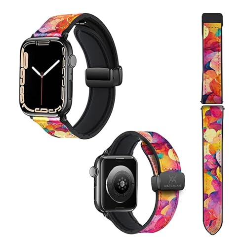 Uhrenarmband für Apple Iwatch, 18 mm (38/40/41/42/44/45 mm), Silikon und Echtleder: Blütenblätter, mehrfarbig von Watch & Me