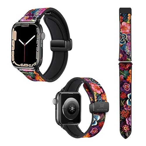 Uhrenarmband für Apple Iwatch, 18 mm (38/40/41/42/44/45 mm), Silikon und Echtleder: Bunte Blumen von Watch & Me