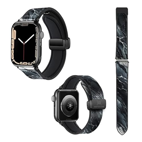 Uhrenarmband für Apple Iwatch, 18 mm (38/40/41/42/44/45 mm), Silikon und Echtleder: Marmor, schwarz von Watch & Me
