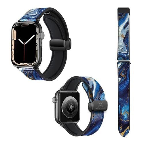 Uhrenarmband für Apple Iwatch, 18 mm (38/40/41/42/44/45 mm), Silikon und Echtleder: Marmor blau von Watch & Me