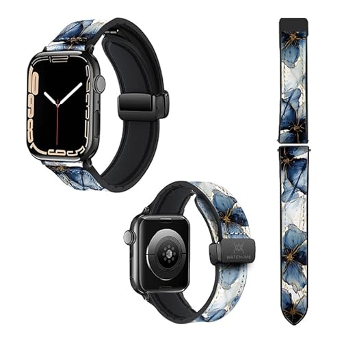 Uhrenarmband für Apple Iwatch 20 mm (38/40/41/42/44/45 mm), Silikon und Echtleder: Blaue Blütenblätter von Watch & Me