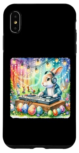 Hülle für iPhone XS Max Rabbit DJ auf Frühlingsparty. Bunte Lichter Plattenspieler Musik von Watercolor Entertainment Lively Festive
