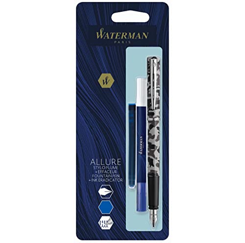 WATERMAN Graduate Allure Fountain Pen, Camouflage, Chrome Trims, Fine Nib + blue cartridge + Eraser rewriter, Blister von Waterman