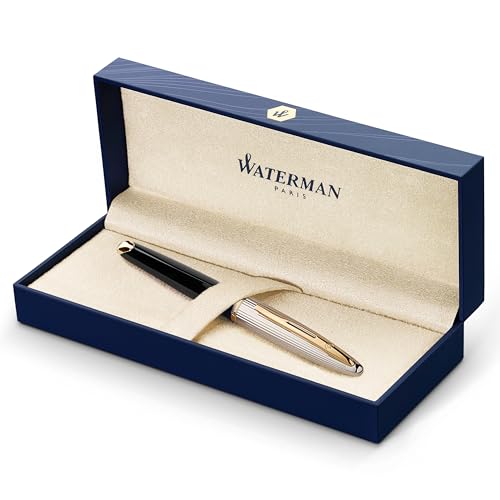 Waterman Carène Deluxe Füller | hochglänzend Schwarz mit Silber-Plattierung und Clip aus 23-karätigem Gold | Füllfederhalter mit feiner Feder | blaue Tinte | Geschenkbox von Waterman