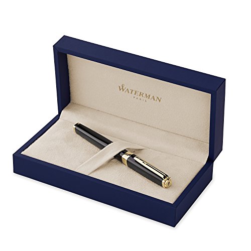 Waterman Exception Fountain Pen, Slim Black with 23k Gold Clip, Medium nib with Blue Ink Cartridge, Gift Box von Waterman