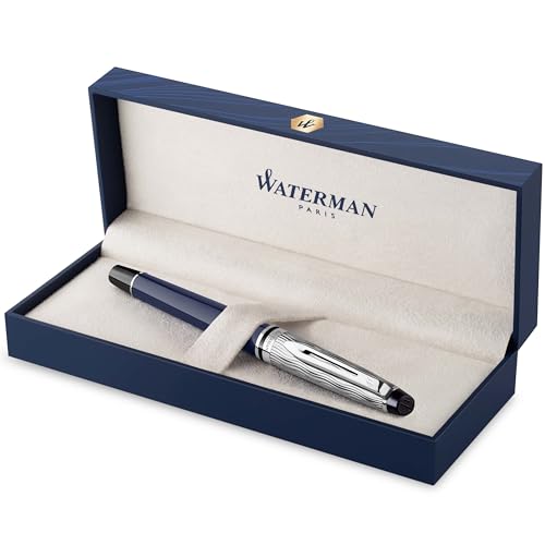 Waterman Expert Füller | Metall und blaue Lackierung | ziselierte Kappe | feine Feder aus Edelstahl | blaue Tinte | Geschenkbox | von Waterman