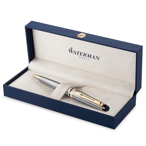 Waterman Expert Kugelschreiber | Edelstahl mit Zierteile aus 23 K Gold | Mittlere Spitze | Blaue Tinte | Geschenkbox Waterman Expert Kugelschreiber | Edelstahl mit Zierteile aus 23 K Gold | Mittlere Spitze | Blaue Tinte | Geschenkbox von WATERMAN