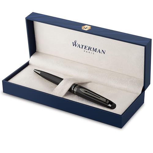 Waterman Expert Kugelschreiber | Schwarze Metallic-Lackierung mit Ruthenium-Zierteilen | Mittlere Spitze | Blaue Tinte | In Geschenkbox von Waterman