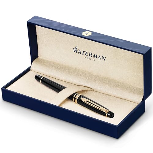 Waterman Expert Tintenroller | Hochglänzend Schwarz mit Zierteile aus 23 K Gold| feine Spitze | Schwarz | Geschenkbox von Waterman