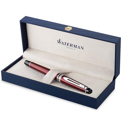 Waterman Expert Tintenroller | dunkelrot mit Chromzierteilen| feine Spitze | Schwarz | Geschenkbox von Waterman