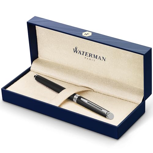 Waterman Hémisphère Tintenroller, Mattschwarz mit Chromzierteile, feine Spitze, Schwarze Tinte, Geschenkbox von Waterman