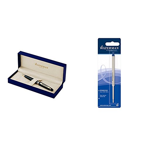 Waterman S0951700 Expert-Kugelschreiber (Strichstärke M, lackschwarz mit Goldzierteilen, blaue Tinte) + Waterman S0944490 Kugelschreibermine (M) Tinte in blau von Waterman