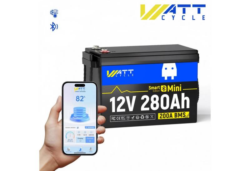 WattCycle 12V 280Ah 3584Wh Mini Bluetooth LiFePO4 Batterie BMS Solar RV Hause E-Bike Akku, Geeignet für Automobile, Gartenarbeit,Schifffahrt,Trolling, Wohnmobile von WattCycle
