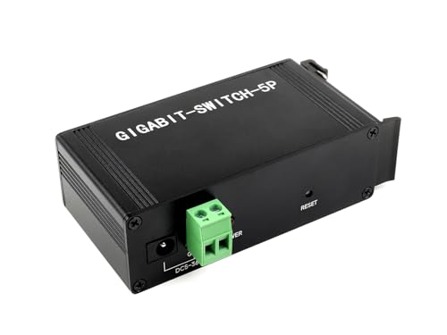 Industrieller 5-Port Gigabit Ethernet Switch, IEEE 802.3X-Compliant Full-Duplex 10/100/1000M Verbindung, 5~36V Weitbereichsversorgung, Plug & Play, Aluminiumgehäuse, DIN-Schienenmontage von Waveshare