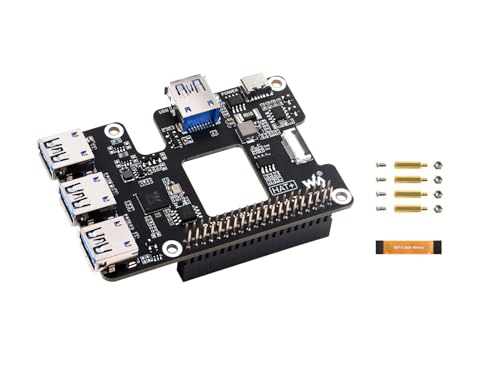 PCIe zu USB 3.2 Gen1 HAT für Raspberry Pi 5, PCIe zu USB HUB, Onboard 4X USB 3.2 Gen1 Expanded Ports, PCI-E×1 Gen2 Modus, Unterstützt USB Power Control, Treiberfrei, Plug und Play von Waveshare