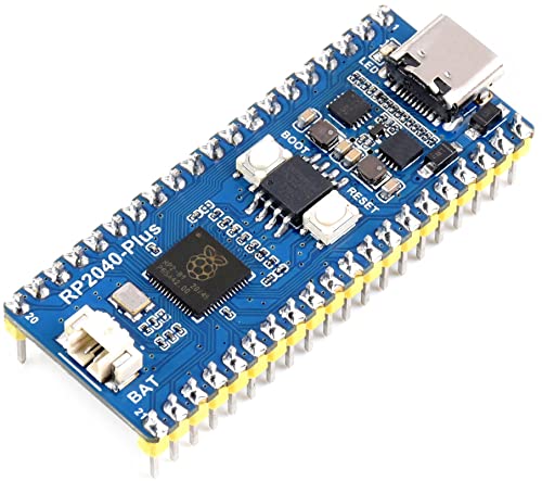 RP2040-Plus mit vorverlötetem Header, Pico-Like MCU Board basierend auf Raspberry Pi RP2040, Dual-Core Arm Cortex M0+ Prozessor onboard 4MB Flash, Ladekopfleiste, höherer Strom DC-DC Chip von Waveshare